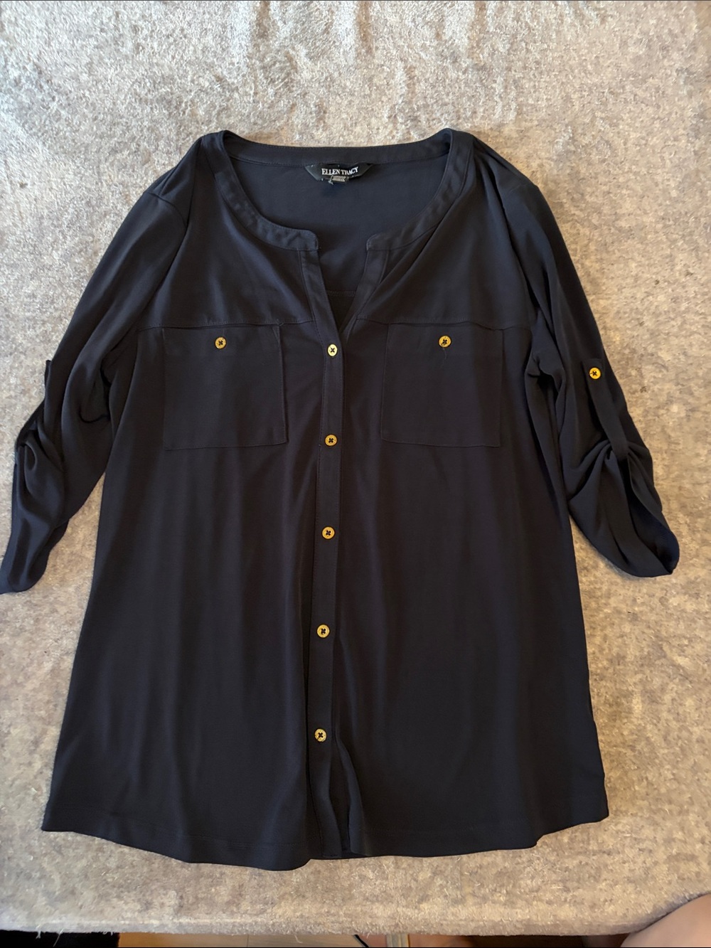 Ellen Tracy Black Button-Front Roll-Tab Tunic with Gold Buttons